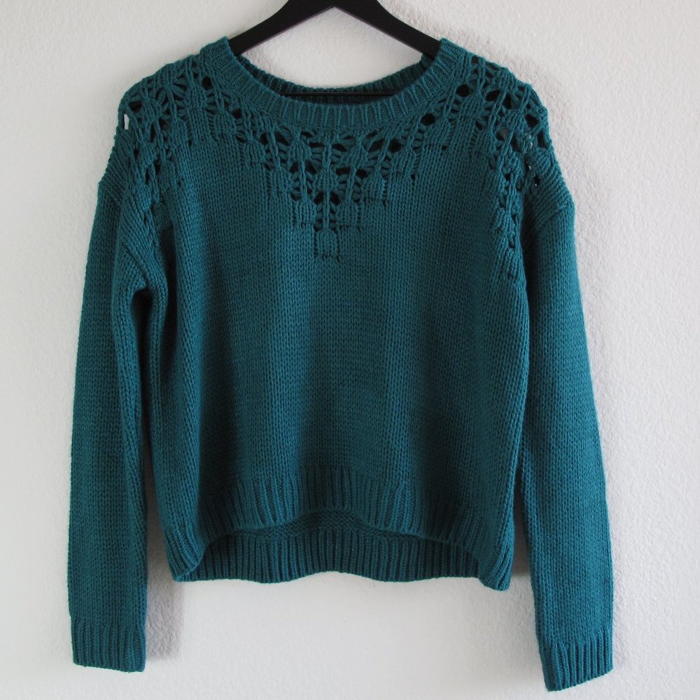 hinge Teal Crochet Yoke Crewneck Sweater